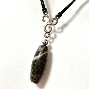 Natural Black & White Orthoceras Fossil Lariat Cord Necklace, Genuine Gemstone